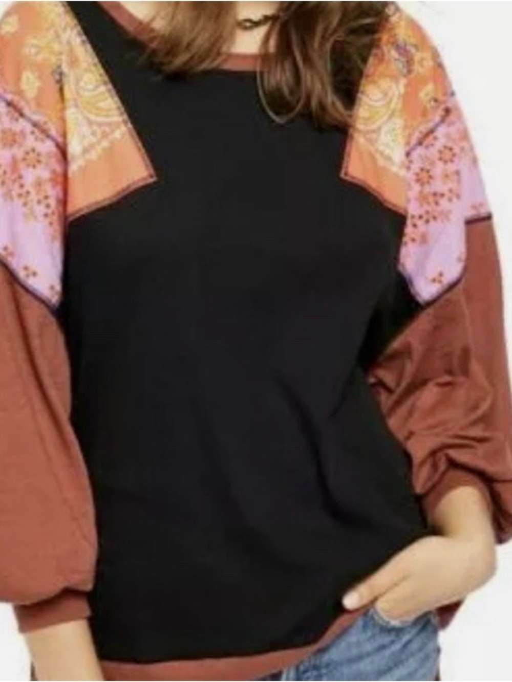 We the Free/Free People, Black shirt  with Rust Balloon Sleeves.